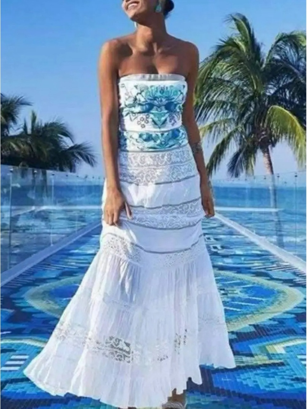 Boston Proper White Embroidered Lace Sundress Blue Floral Size M